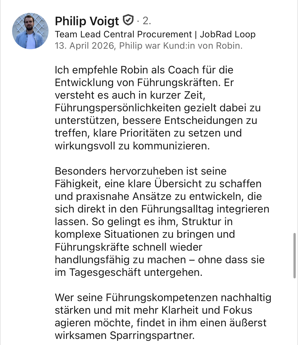 LinkedIn-Empfehlung von Philip für Robin Frieß